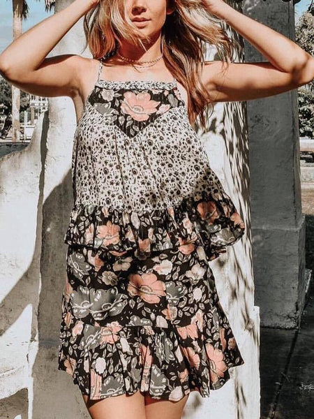 Print Spaghetti Strap Beach Boho Mini Dress