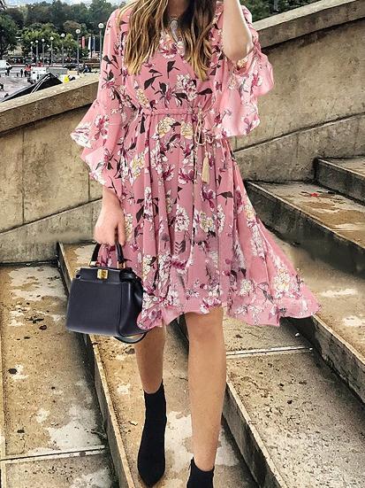 Floral V Neck Beach Chiffon Dress