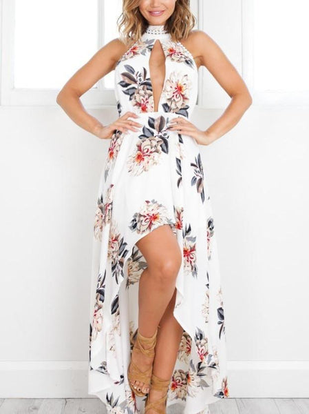 Sexy Sleeveless High Collar Hi-Lo Style Bohemia Maxi Dress