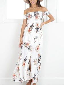 White Floral Off Shoulder Front Split Dress