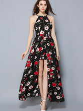 Load image into Gallery viewer, Halterneck Pleated Split-Front Floral Print Maxi Bohemian Dress