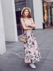V-neckline Pink Floral Bohemia Maxi Beach Dress