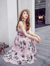Load image into Gallery viewer, V-neckline Pink Floral Bohemia Maxi Beach Dress