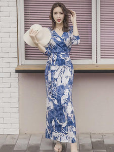 Bohemia Floral-Print Slim Fit Half Sleeve V Neck Waisted Long Dress