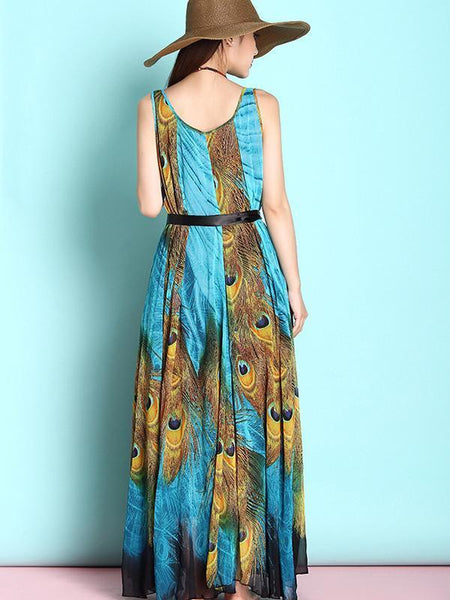 Popular Peacock Floral-Print Slim Fit Chiffon Beach Vacation Big Hem Bohemia Bottom Dress