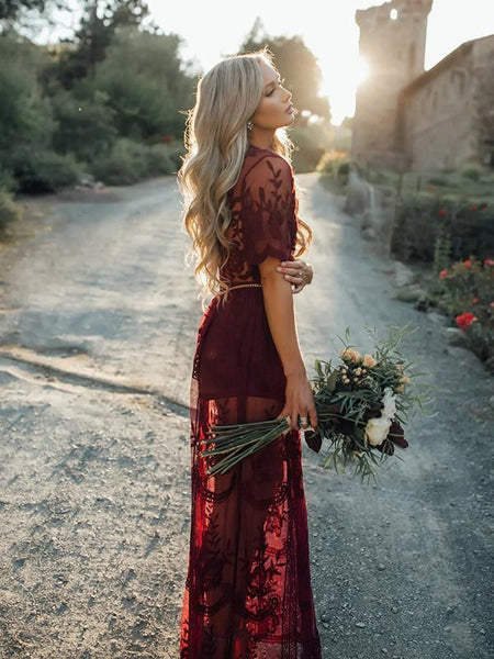 Pretty Sexy Lace Solid Color Short Sleeve Deep V Neck Side Split Maxi Dress