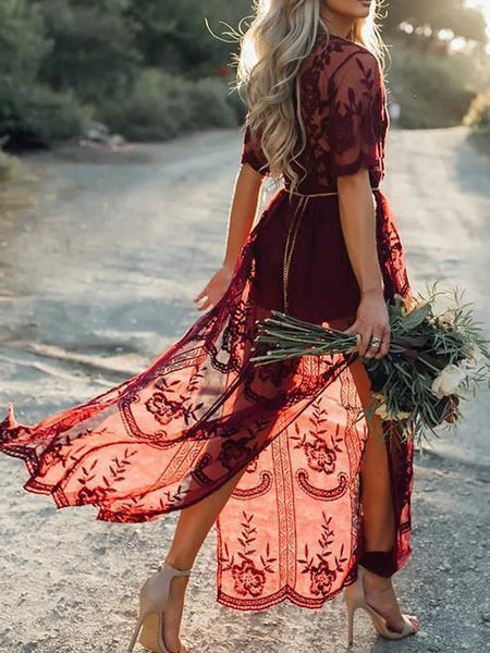 Pretty Sexy Lace Solid Color Short Sleeve Deep V Neck Side Split Maxi Dress