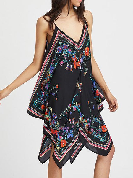 Pretty Sexy Floral-Print Straps Sleeveless Deep V Neck Mini Dress