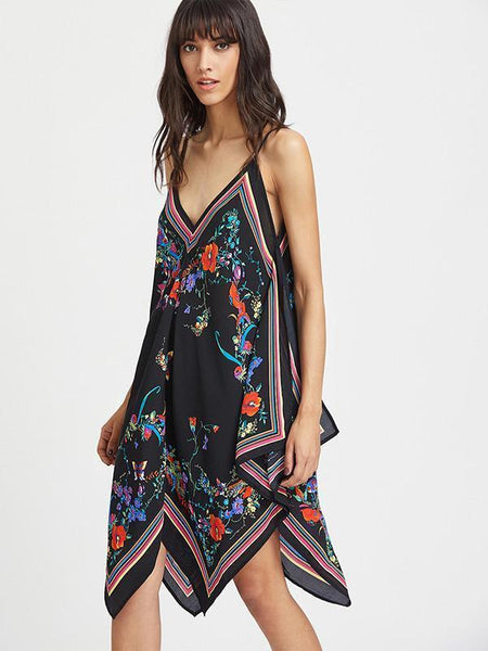 Pretty Sexy Floral-Print Straps Sleeveless Deep V Neck Mini Dress
