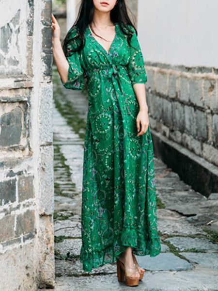 Chiffon Floral-Printed Short Sleeve V Neck Bohemia Beach Maxi Dress