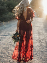 Load image into Gallery viewer, Pretty Sexy Lace Solid Color Short Sleeve Deep V Neck Side Split Maxi Dress