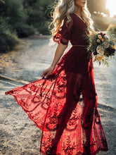Load image into Gallery viewer, Pretty Sexy Lace Solid Color Short Sleeve Deep V Neck Side Split Maxi Dress