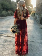 Load image into Gallery viewer, Pretty Sexy Lace Solid Color Short Sleeve Deep V Neck Side Split Maxi Dress