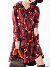 Load image into Gallery viewer, Retro Red Floral-Printed Long Sleeve Fabala Neck Bohemia Dress