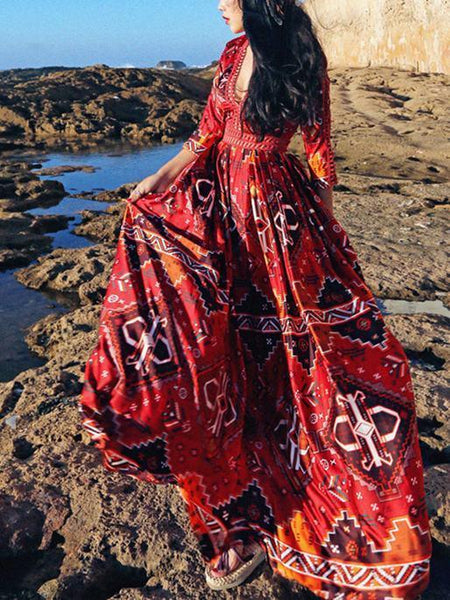 Pretty Red Bohemia 3/4 Sleeve Deep V Neck Maxi Dress