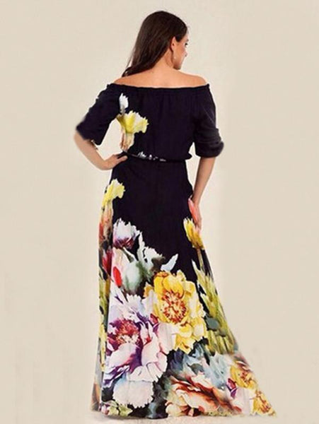 Floral Printed Off-the-shoulder Half Sleeves Maxi Dress