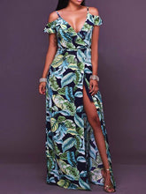 Load image into Gallery viewer, Plant Printed Spaghetti-neck Split-side V-neck Maxi Dress