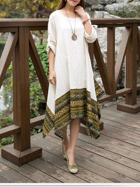 Autumn Asymmetric Retro Round-neck Half Sleeve Midi Dress