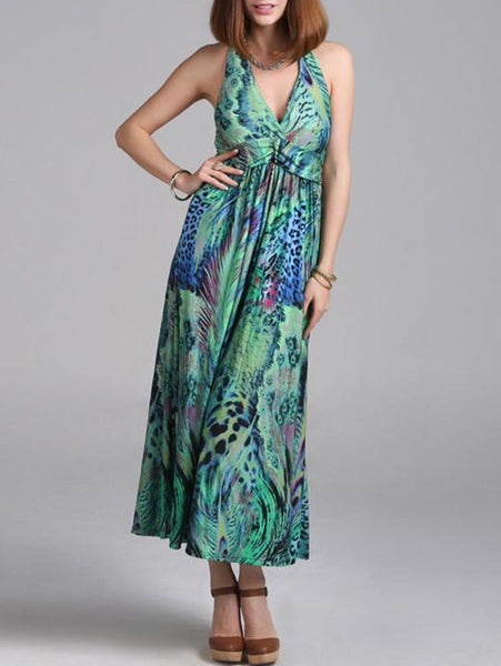 Milk Fiber Bohemia Halterneck Backless V-neck Maxi Dress