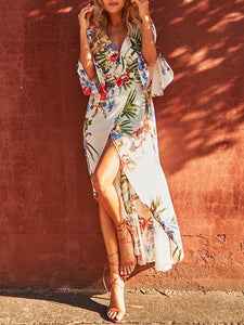 Floral Split-front Flared Sleeves V-neck Bohemia Maxi Dress