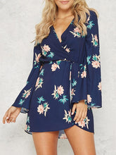 Load image into Gallery viewer, Floral Print V-neck Split Sleeves Mini Dress