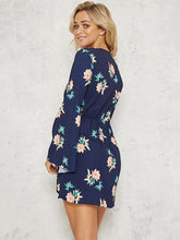 Load image into Gallery viewer, Floral Print V-neck Split Sleeves Mini Dress