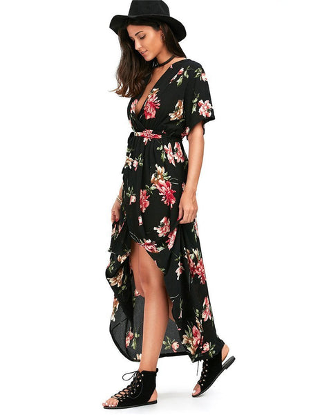 Vintage Printed Deep V-neck Waisted Bohemia Maxi Dress