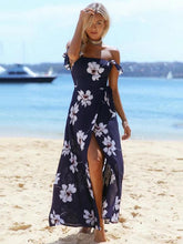 Load image into Gallery viewer, Blue Floral Off-the-shoulder Split-front Bohemia Maxi Dress