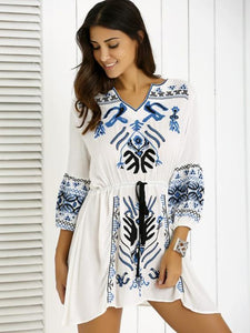 Bohemia Puff Sleeves Embroidered Mini Dress