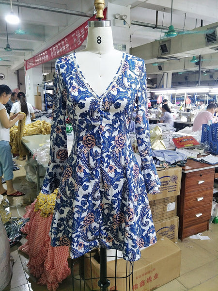 Floral V Neck Long Sleeve Beach Mini Dress