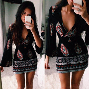 Spring Women's Fashion Printed V-neck Horn Long Sleeve Retro Style Party Sexy Dress