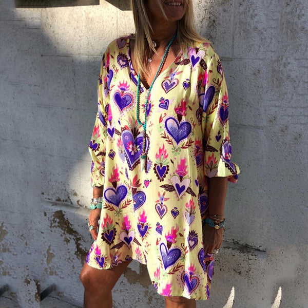 New Womens Casual Print V-Neck Short Sleeve Mini Dress