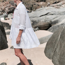 Load image into Gallery viewer, Women Summer Beach Wear White Cotton Tunic Sexy Plunging Neck Front Pocket Short Mini Dress Beach Cover Up