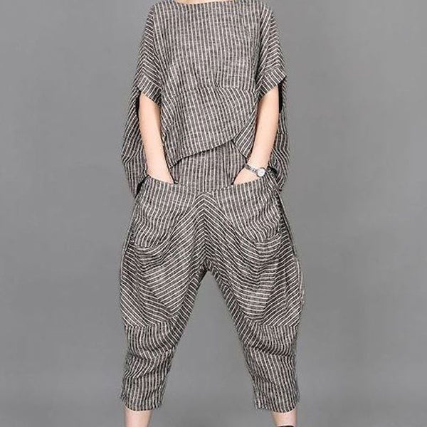 Summer New Women's Suits RETRO Art Stripe Short Sleeve T-shirt Loose Top Women's Knickerbockers Casual Pants Two Piece Sets