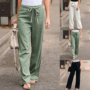 Women Pants Fashion Linen Cotton Solid Elastic Waist Trousers Female Plus Size Ankle-length Trousers Summer Casual Pants