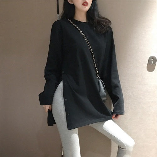 Spring Split Side Button White Black Long Tshirt O-Neck Women Shirts Autumn Arrival Solid Oversized T Shirt Tops