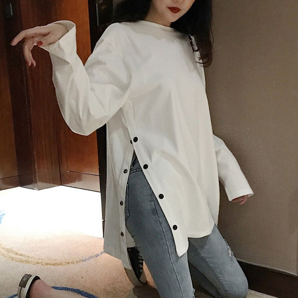 Spring Split Side Button White Black Long Tshirt O-Neck Women Shirts Autumn Arrival Solid Oversized T Shirt Tops