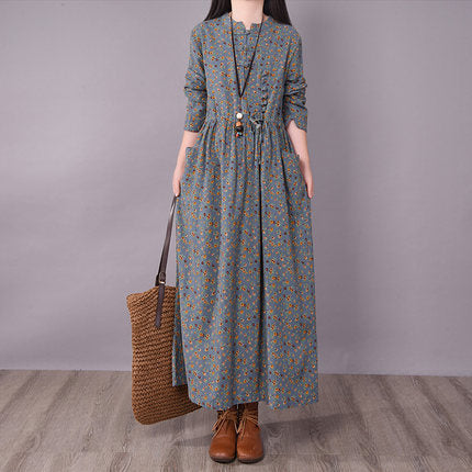 Retro disc button small broken flower casual lace up thin medium and long sleeve big swing dress for women