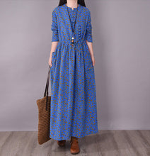 Load image into Gallery viewer, Retro disc button small broken flower casual lace up thin medium and long sleeve big swing dress for women