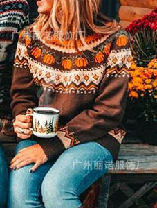 Printed Euro American tight knit holiday Pullover Brown crew neck knitted sweater