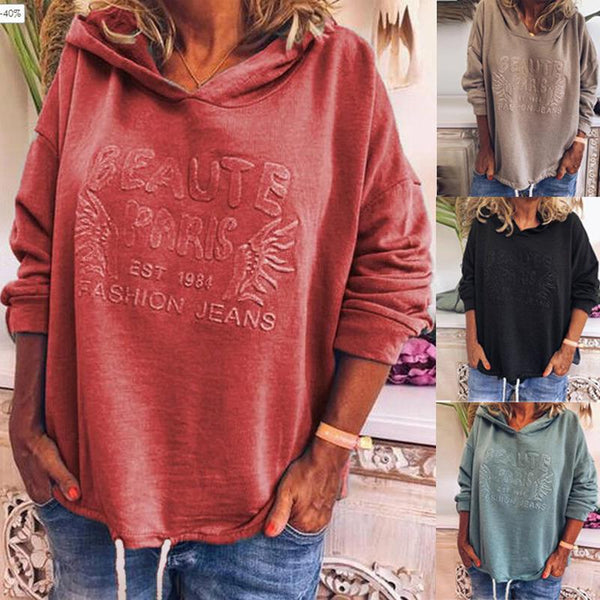 Embossed Hooded Loose Drawstring Sweater Women Sweatshirt