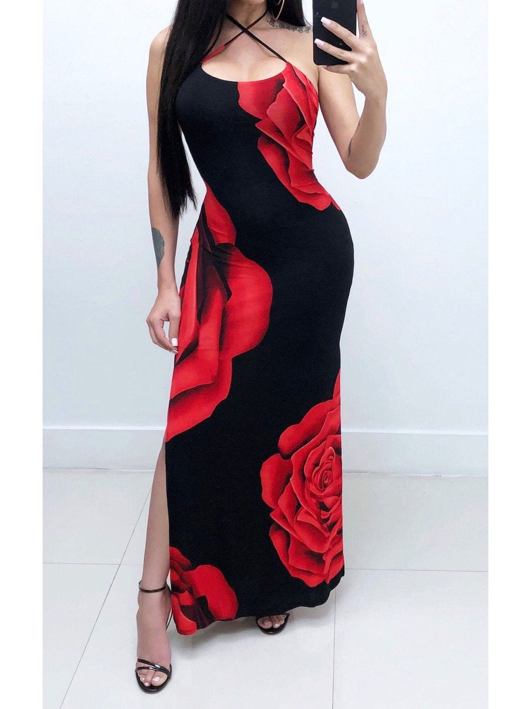 Sexy Printed Halter Side Split Maxi Dress