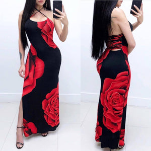 Sexy Printed Halter Side Split Maxi Dress