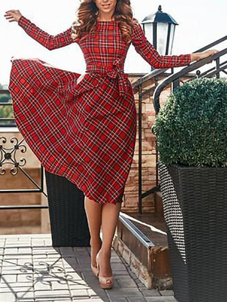 Fashion Long Sleeve Red Plaid Midi Dress