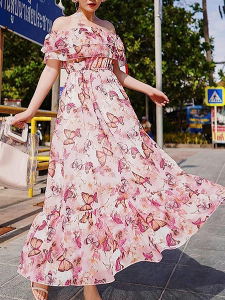 Vacation Summer Chiffon Slim Tube Top Bohemian Dress