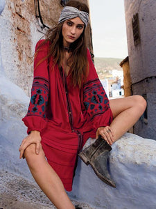 National Style Inwrought Floral-Print Deep V Neck Loose Bohemia Dress