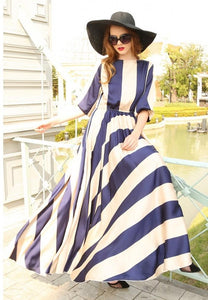 Elegant Stripe Print Retro Big Swing Long Chiffon Dress