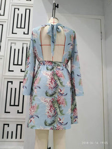 Flower Printed Long Sleeve Backless Belted Mini Dress