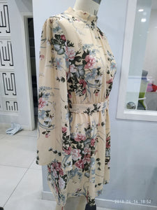 Flower Printed Long Sleeve Backless Belted Mini Dress