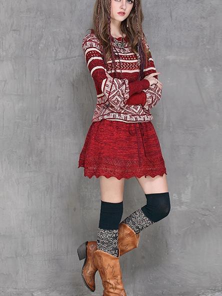Autumn Retro Hollowed Out Ruffled Knit Mini Dress